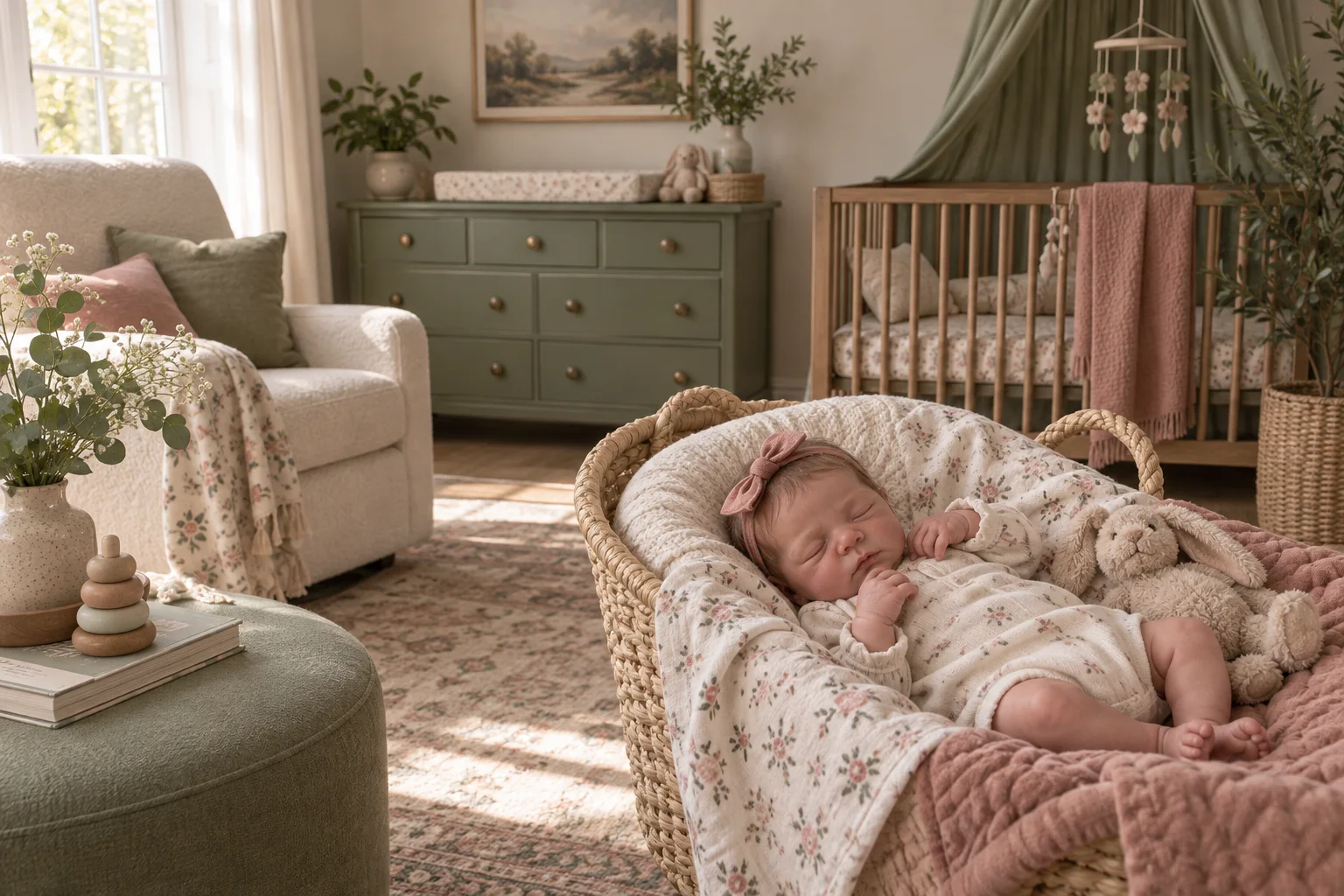 Poupée reborn décorative dans un couffin, devant une commode sauge et des textiles pastel
