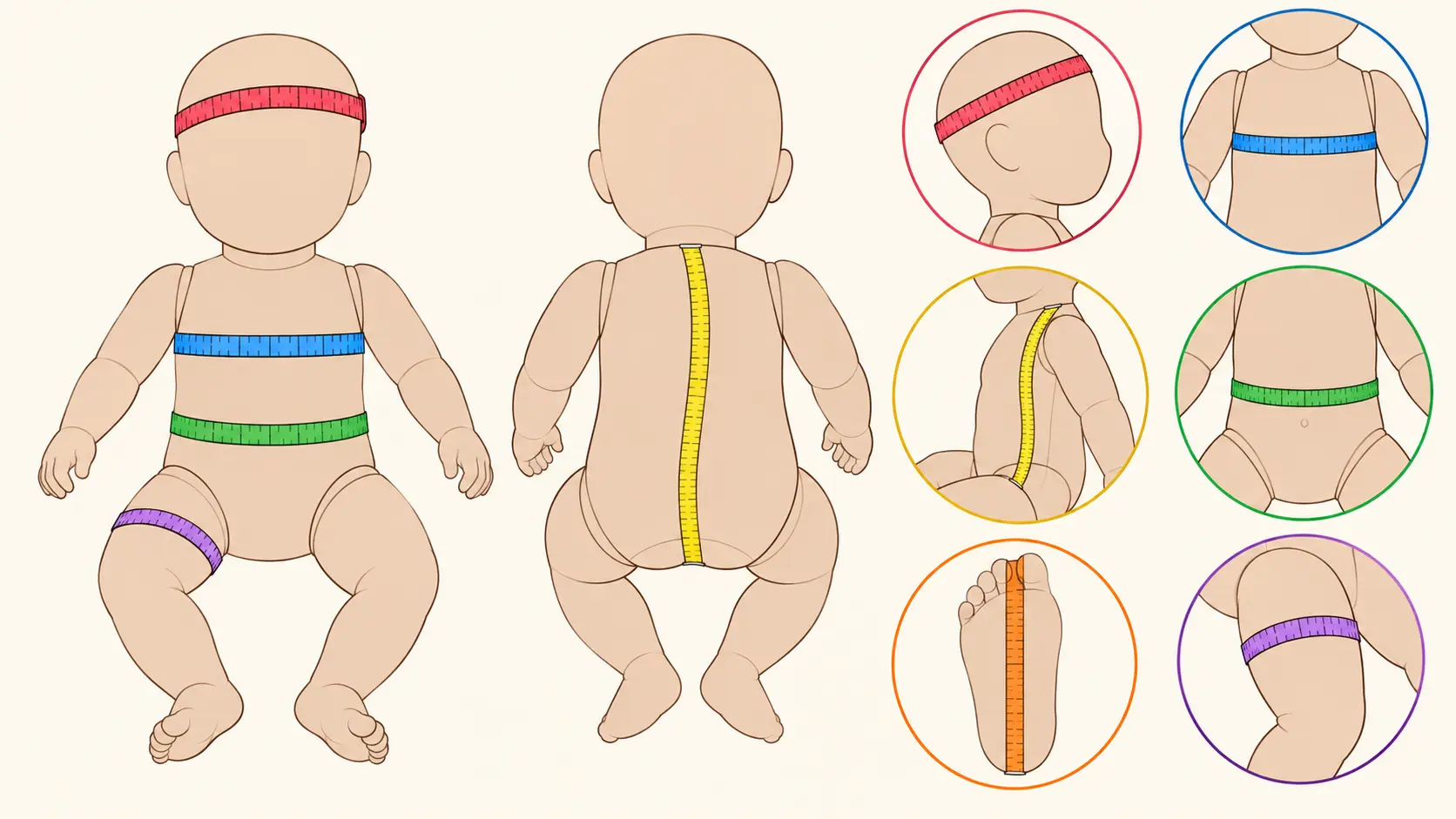 Schéma d’une poupée reborn indiquant le tour de tête, la poitrine, la taille, la cuisse, la longueur du buste et celle du pied