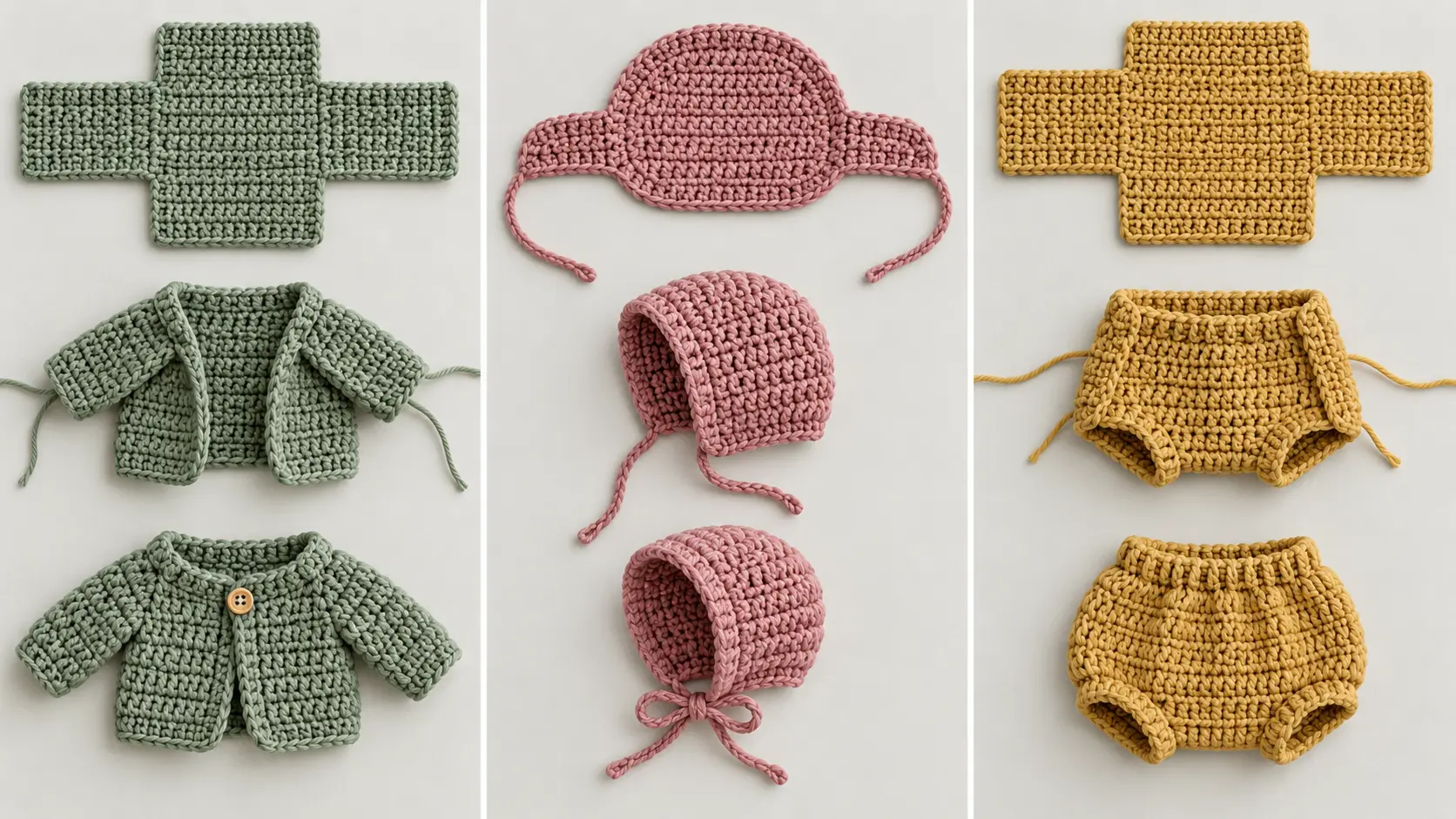 Planche en trois étapes montrant l’assemblage à plat du gilet, du bonnet et du bloomer au crochet