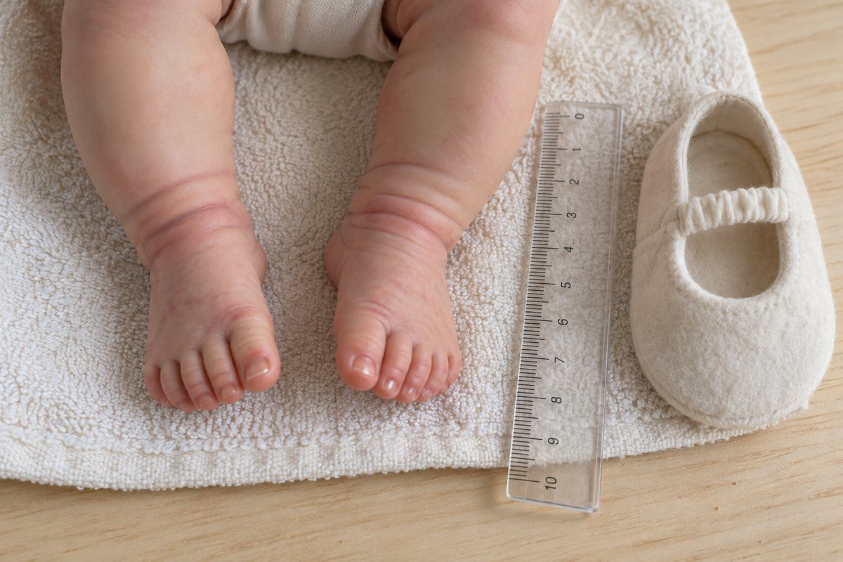 Pied nu de poupée reborn à côté d'une règle graduée et d'un chausson blanc
