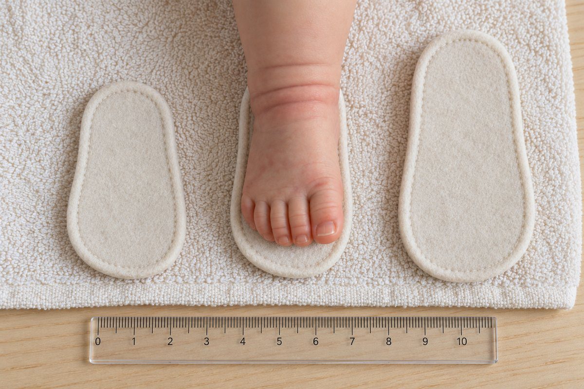 Trois semelles de chaussons pour reborn, trop courte, juste et trop longue, alignées