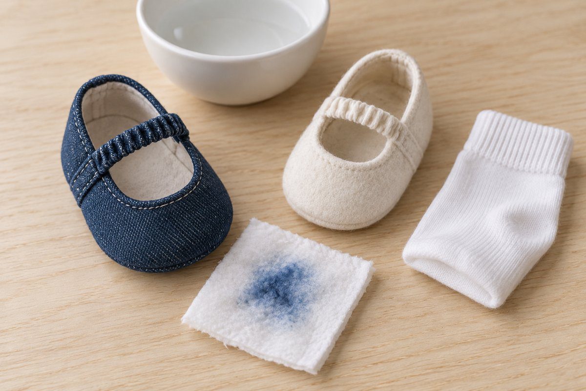 Coton blanc humide taché de bleu après frottement d'un chausson en jean