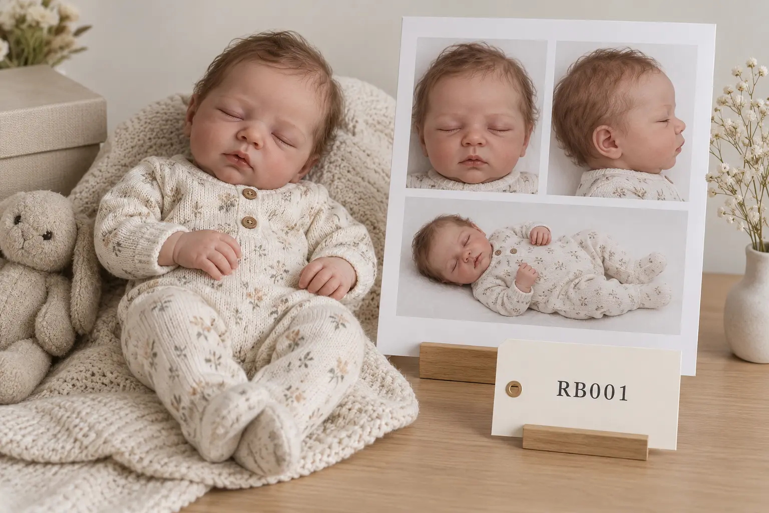 Poupée reborn de collection accompagnée de ses vues photographiques et d’une fiche d’inventaire RB001.