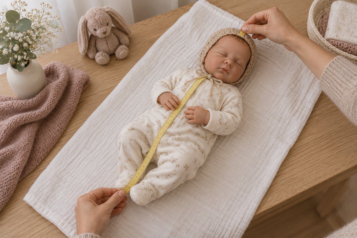 Mètre ruban souple posé du bonnet au talon d'une poupée reborn couchée