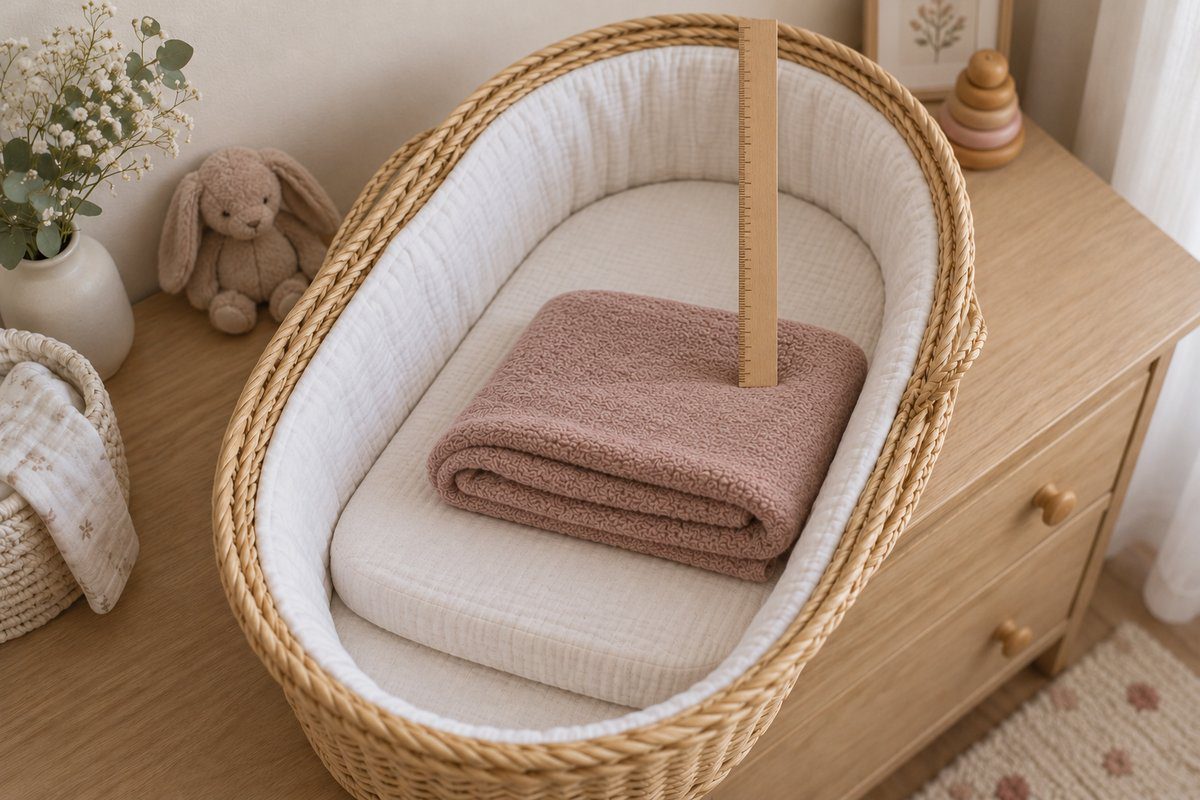 Règle verticale dans un couffin en osier mesurant la profondeur au-dessus du matelas