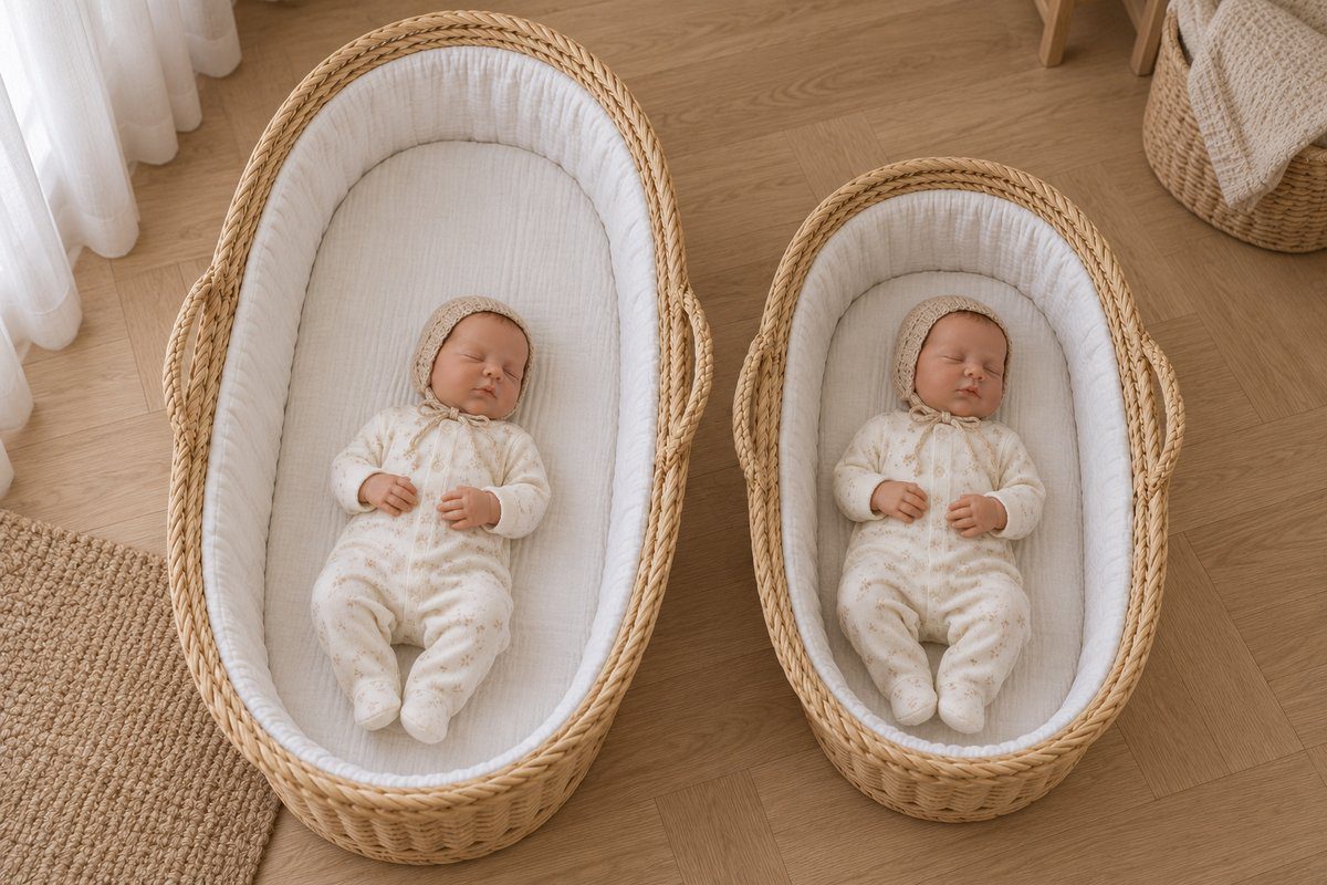 Deux poupées reborn identiques dans un couffin trop grand et un couffin adapté