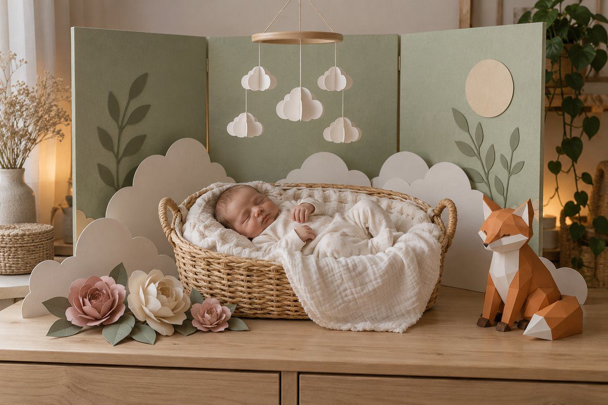 Poupée reborn endormie dans un couffin devant un décor papercraft à trois plans