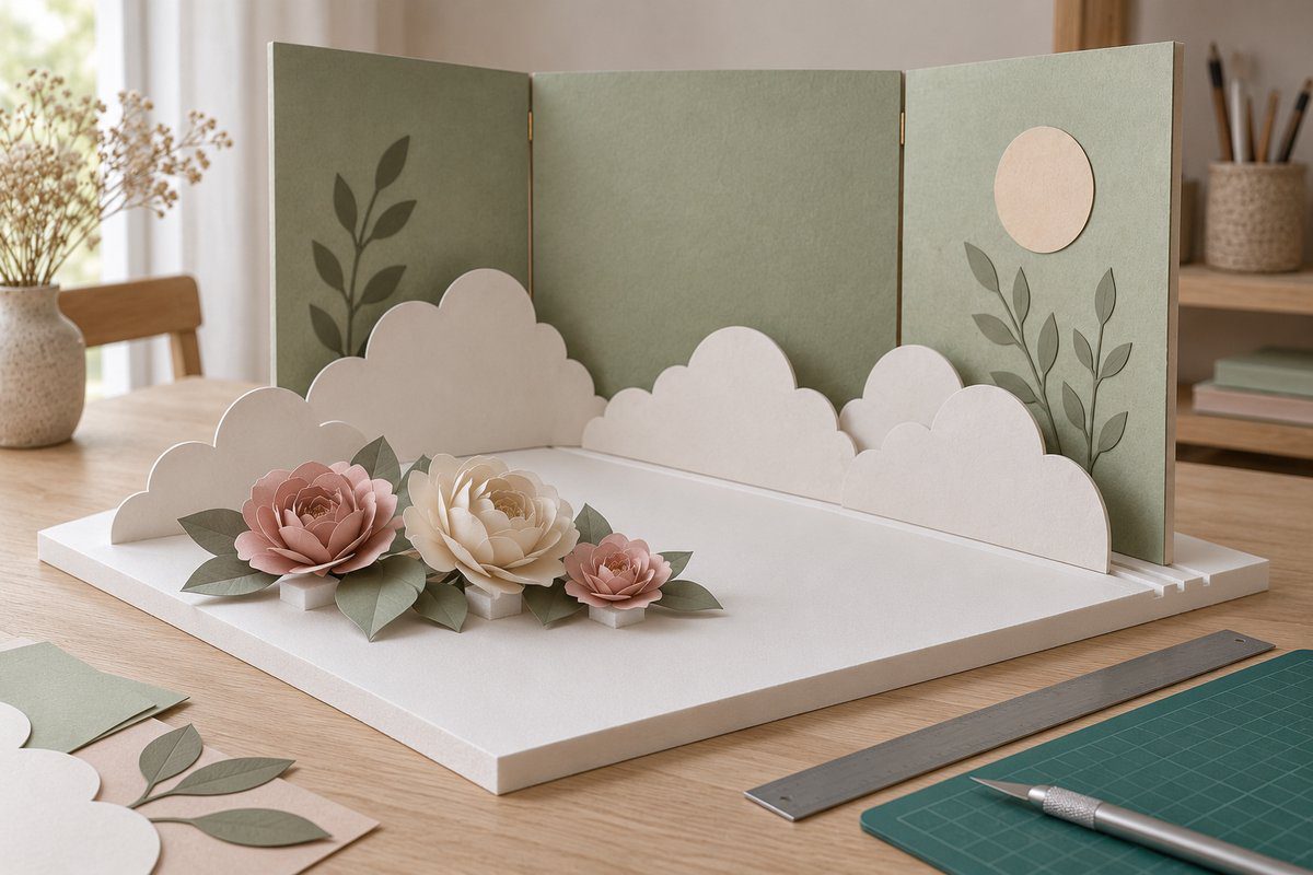 Décor papercraft vu de biais avec fond, plan de nuages et fleurs sur cales