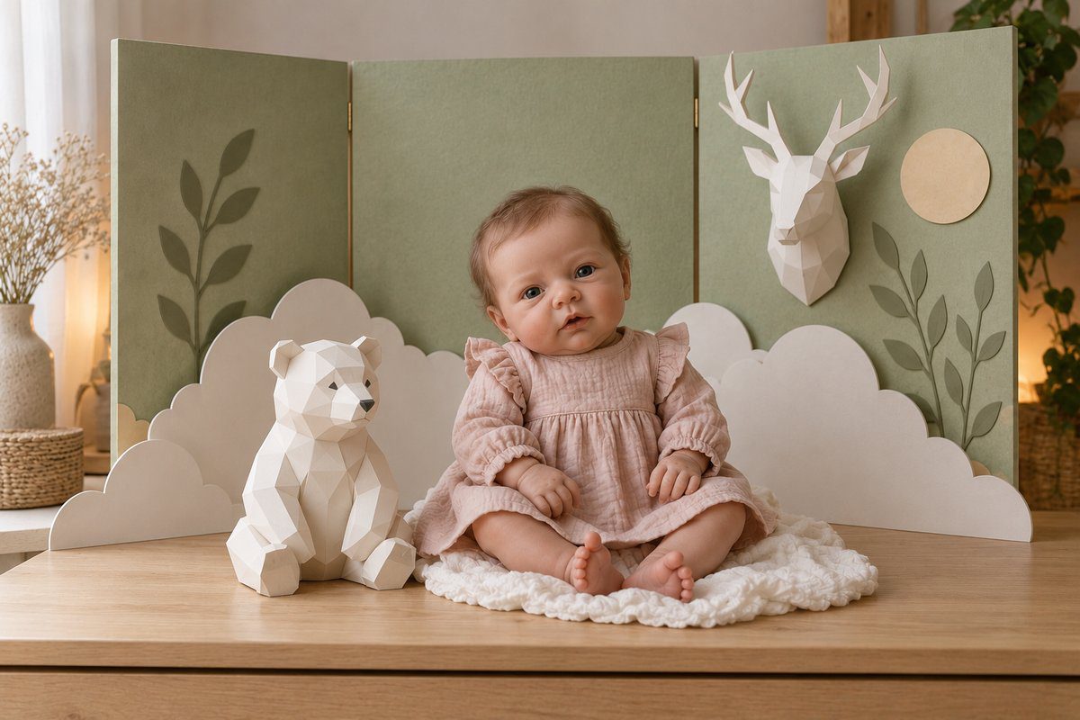 Poupée reborn assise à côté d'un ours en papier low poly à mi-hauteur