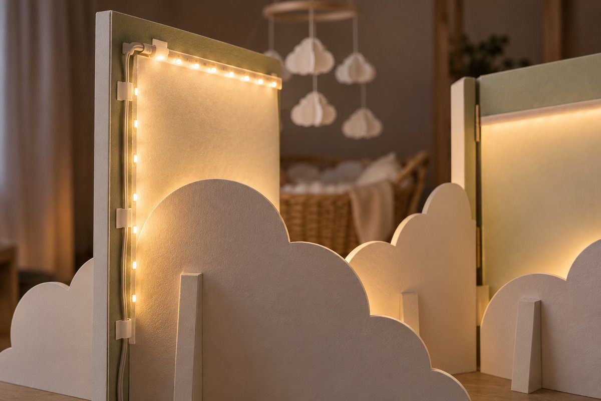 Bande LED blanc chaud cachée derrière un plan en carton et diffusée par du calque