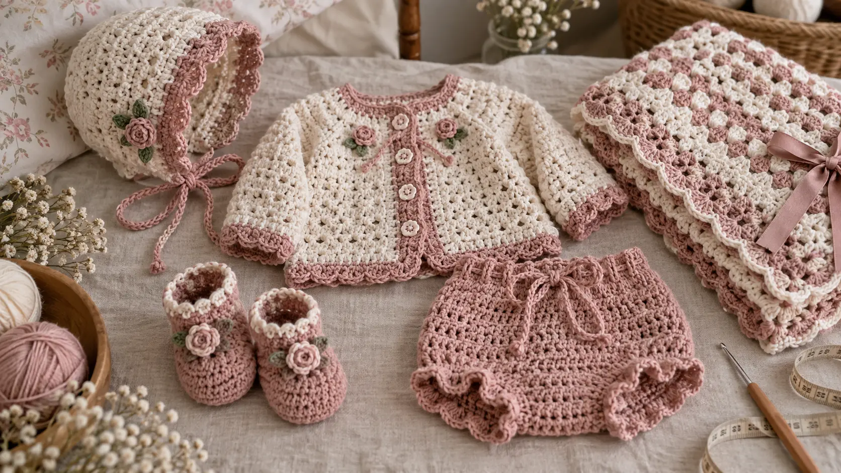Gilet, bonnet, bloomer, chaussons et couverture au crochet pour poupée reborn