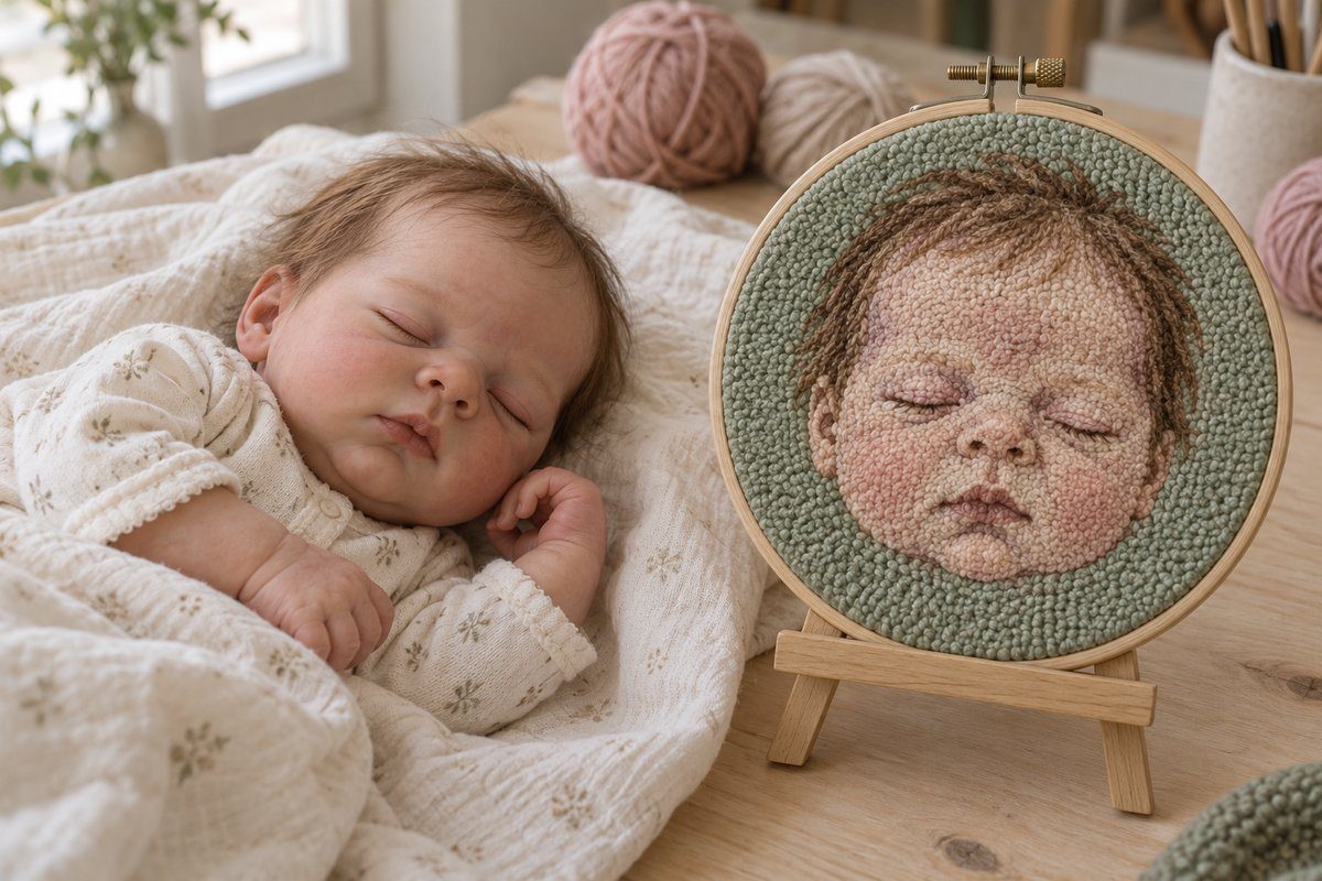 Poupée reborn endormie à côté de son portrait en punch needle dans un cerceau