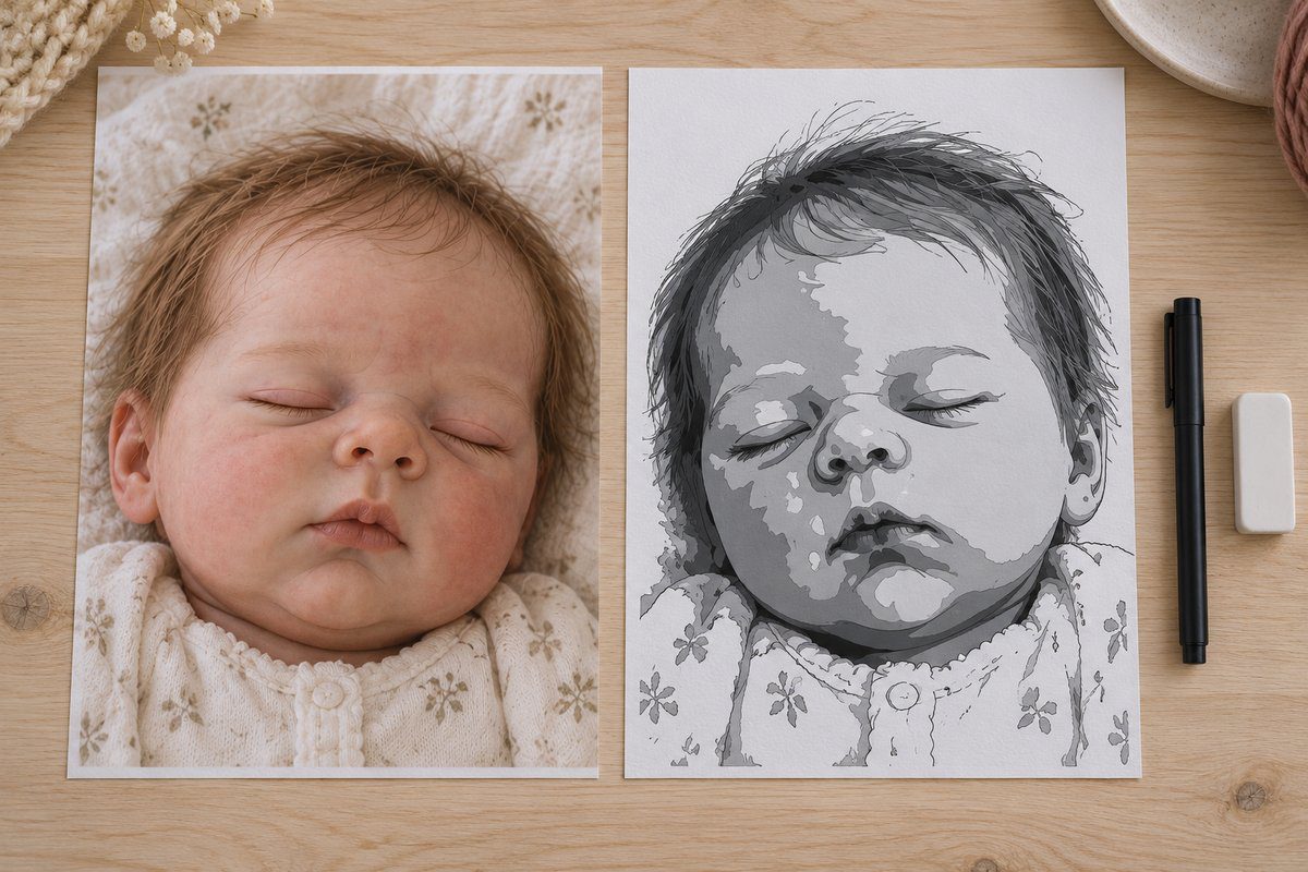Photo imprimée d'une reborn et son motif simplifié en cinq valeurs de gris