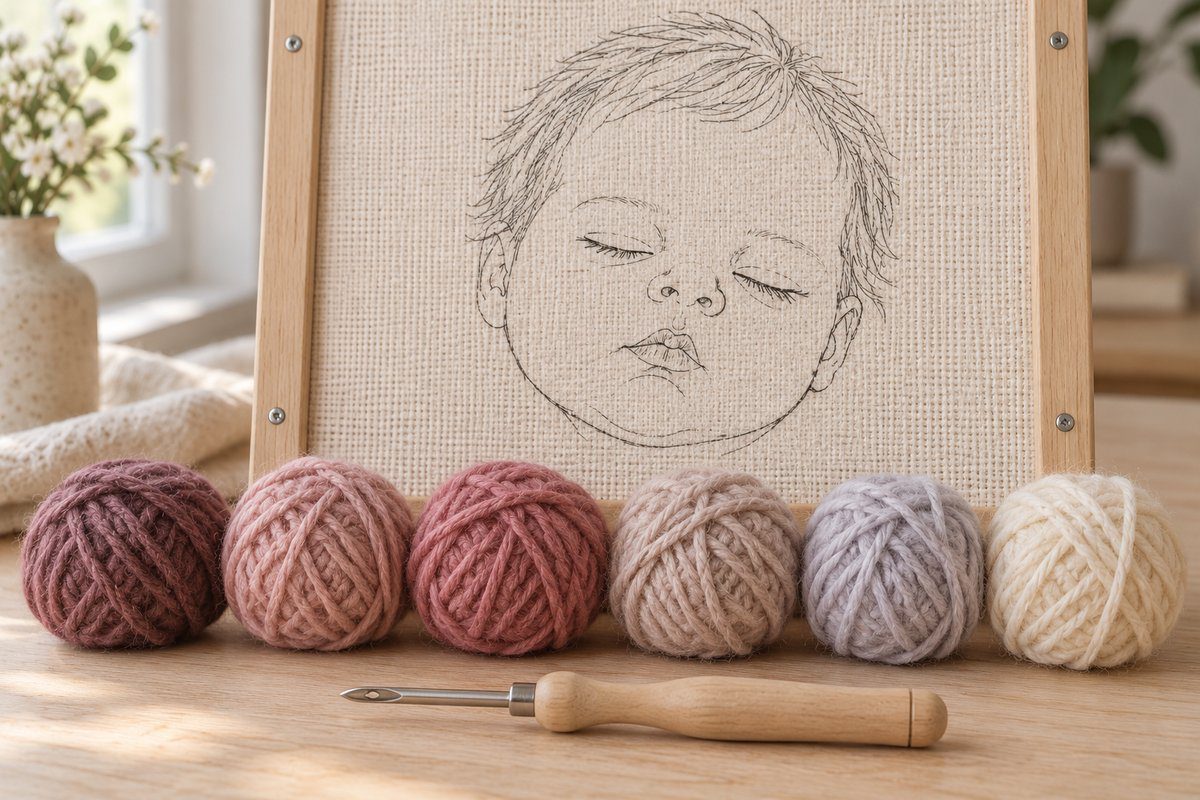 Six laines fines aux nuances de peau reborn devant une toile tendue