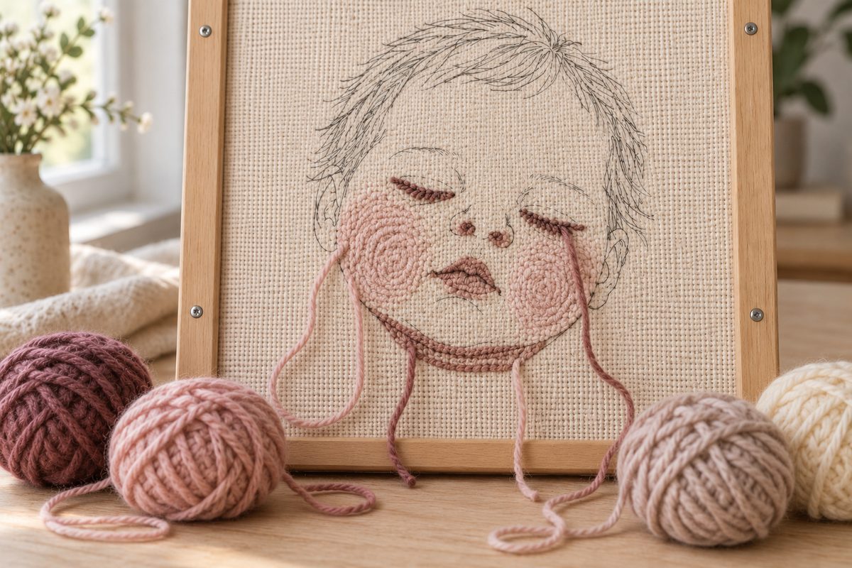 Portrait punch needle de reborn en cours avec les ombres déjà piquées