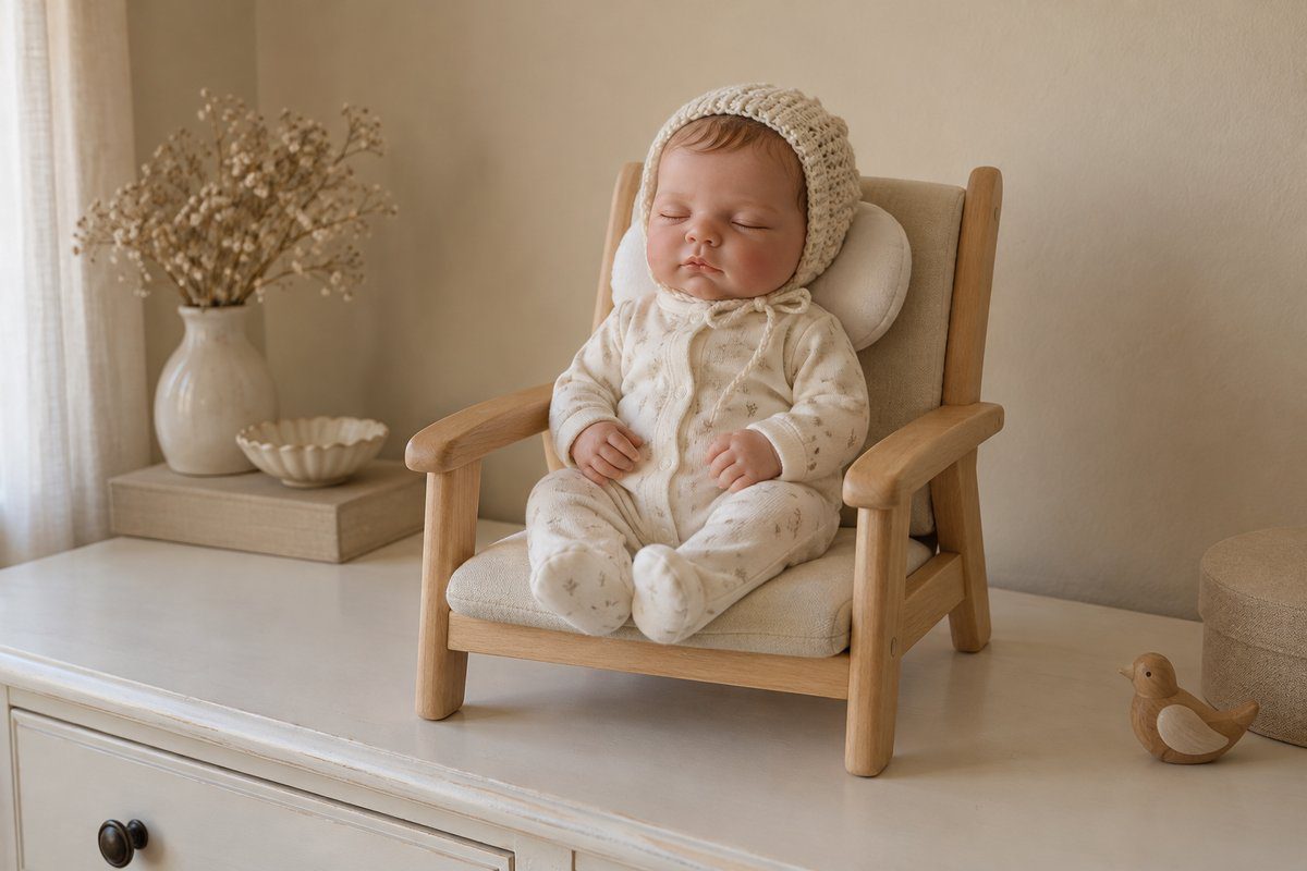 Poupée reborn assise droite dans un fauteuil bas en bois avec cale-tête