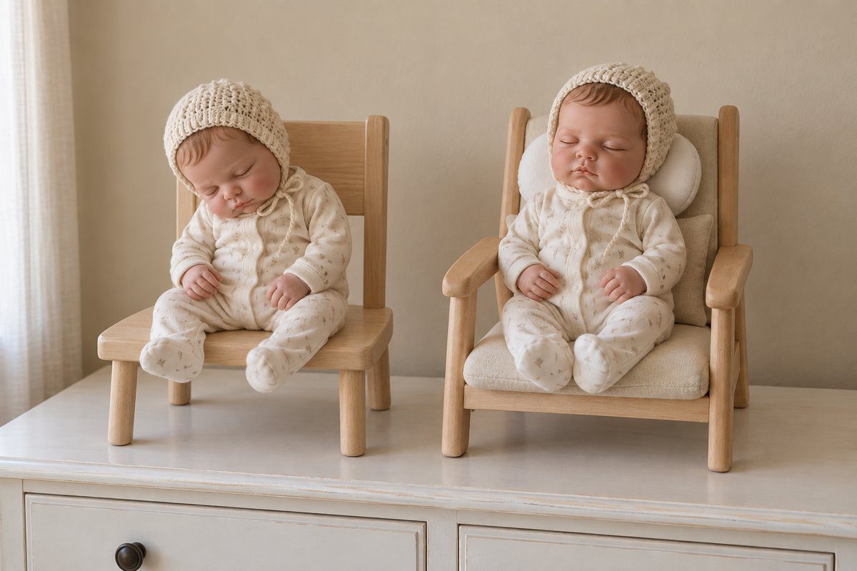 Deux poupées reborn comparées : une affaissée sur chaise droite, une bien calée