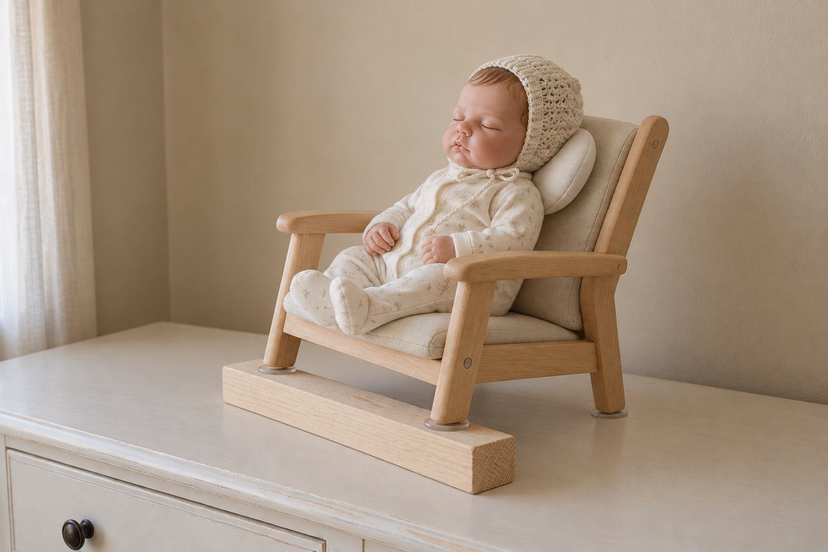 Fauteuil de poupée reborn incliné par une cale sous les pieds avant