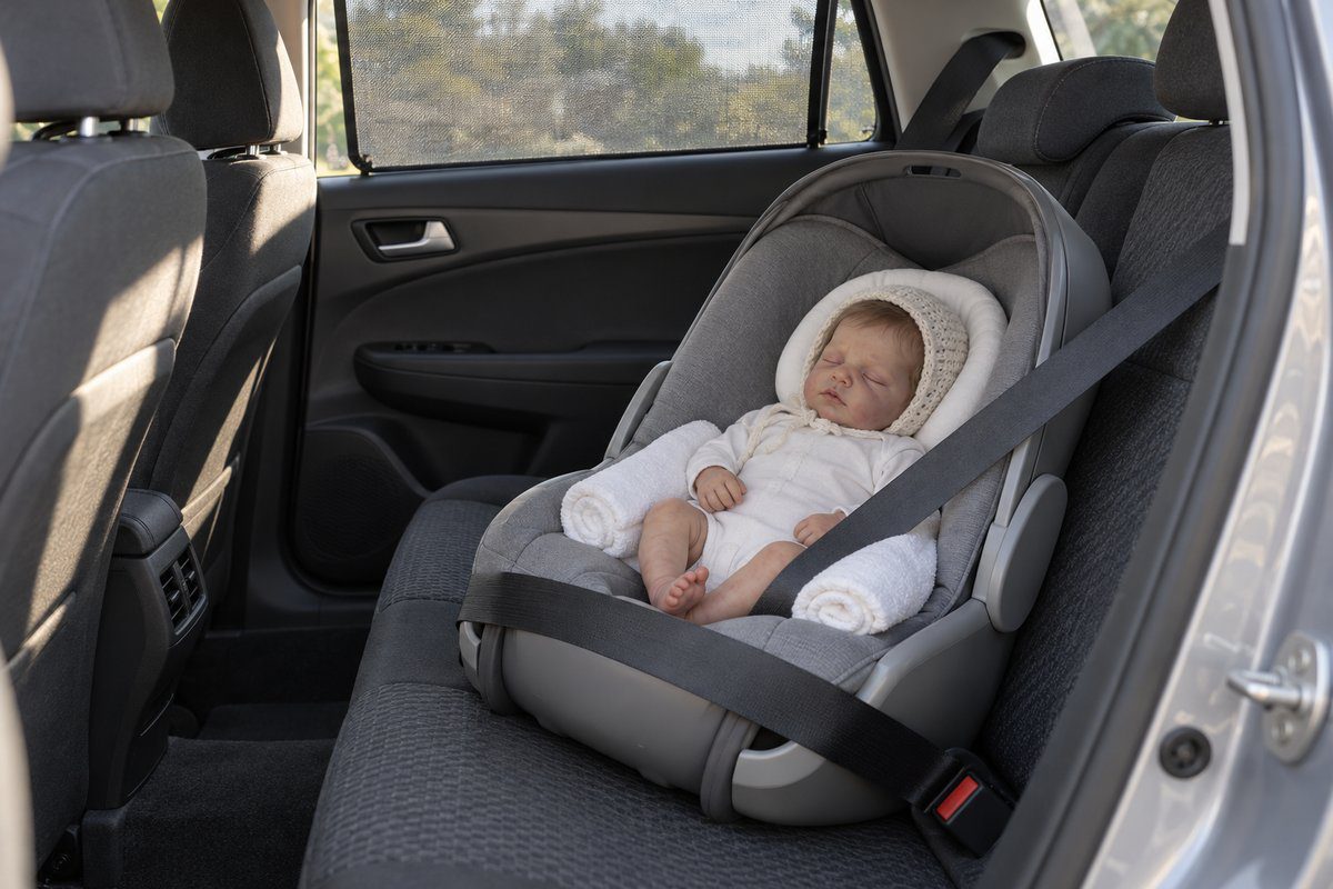 Poupée reborn calée dans une coque ceinturée sur la banquette arrière, pare-soleil latéral