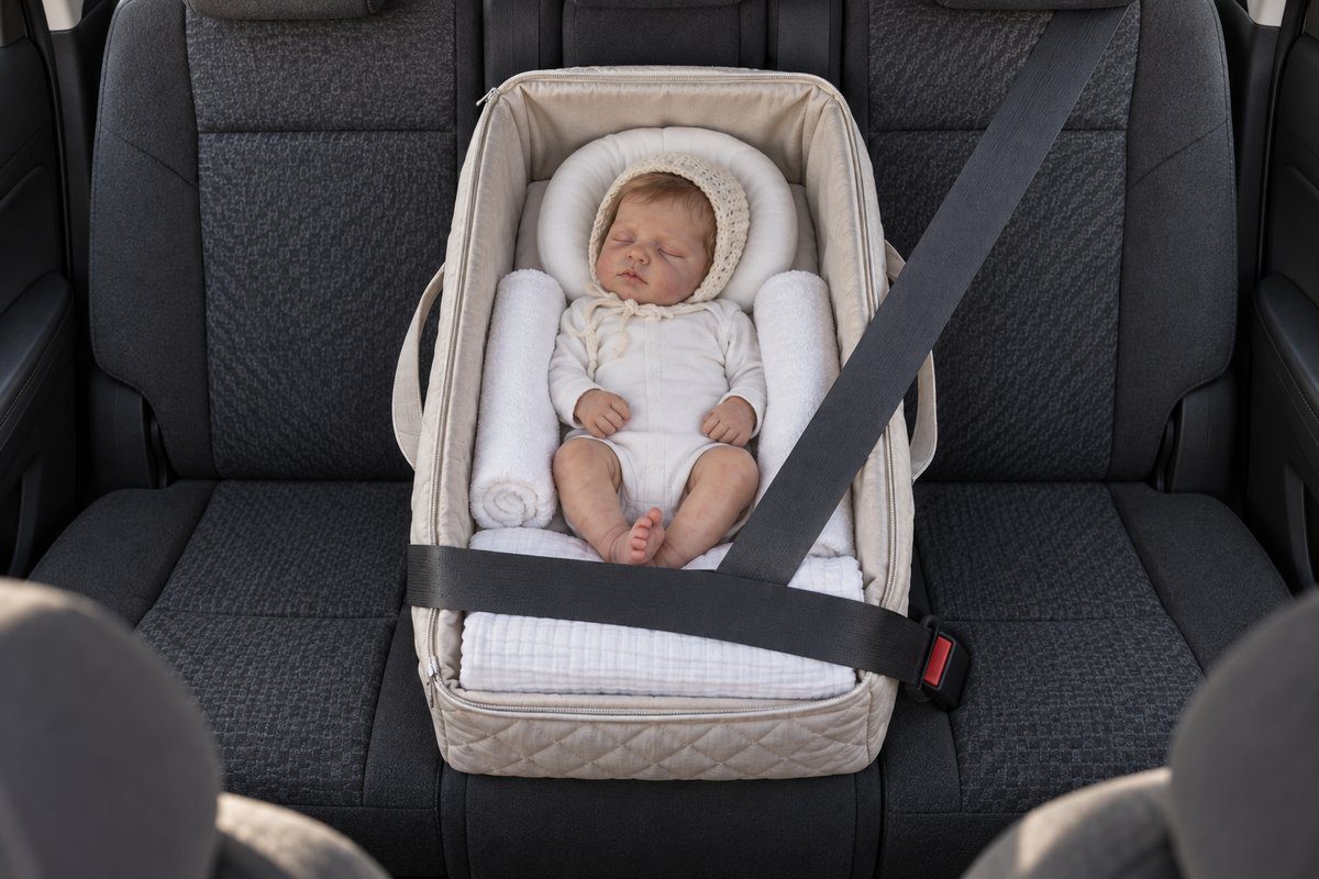 Reborn allongée dans un sac rigide ceinturé, calée par deux serviettes roulées